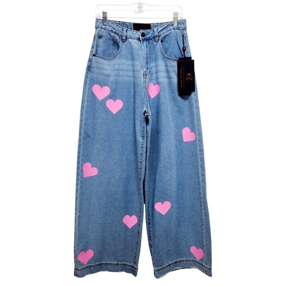Love For Humanity Denim - Love For Humanity Womens High-Rise Wide-Leg Jeans Pink Heart Accents Size 7/ 28